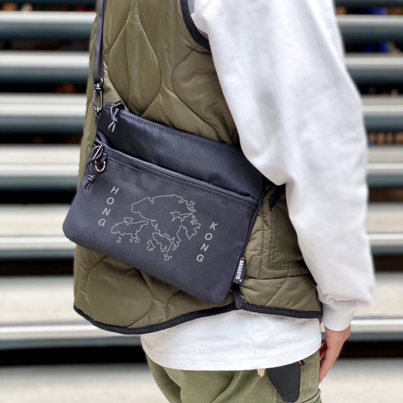 【Map of Hong Kong】Sports Waterproof One-shoulder Crossbody Bag (Horizontal)(M) - Messenger Bags & Sling Bags - Cotton & Hemp Black