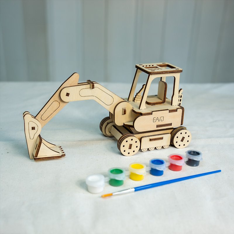 [Fun Handmade] Wooden Engineering Vehicle Excavator Can be Hand Painted and Colored Children's Gift Graduation Gift - งานไม้/ไม้ไผ่/ตัดกระดาษ - ไม้ สีกากี
