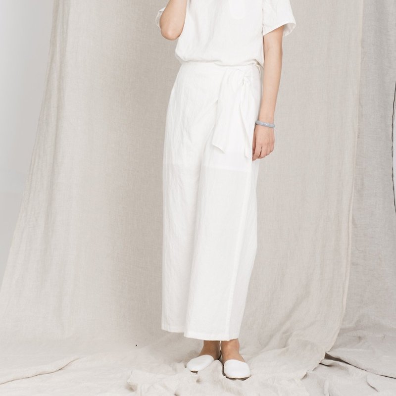 BUFU  Linen jacquard wide leg pants in white P161008 - Women's Pants - Cotton & Hemp White