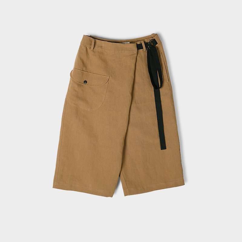 Diagonal open large pocket wide leg cotton cropped trousers - Women's Pants - Cotton & Hemp Khaki