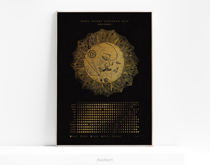 2025 Moon Phases Chart Calendar Black Gold Kiss Moon Sun Printable Linocut Print - 其他數位設計 - 其他材質 