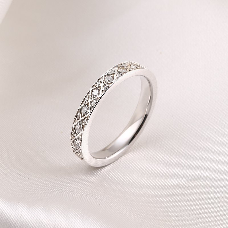 18K White Gold Plaid Diamond Wedding Ring - Couples' Rings - Precious Metals Silver