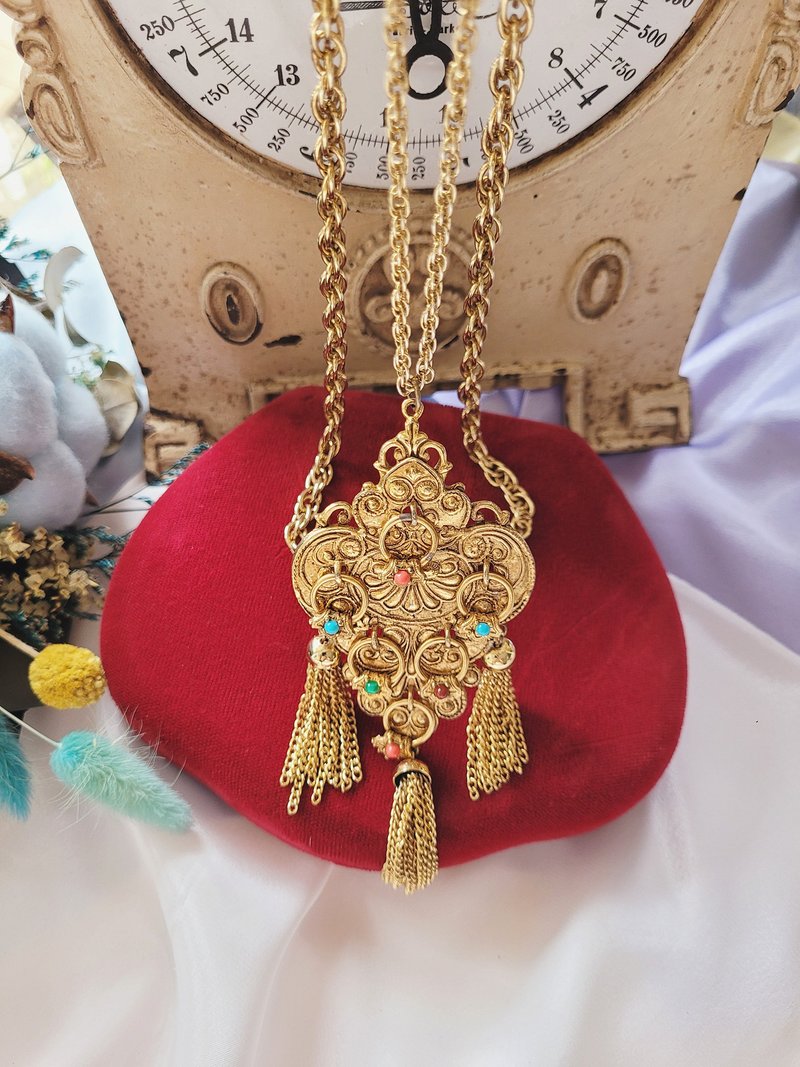 美國西洋古董飾品/ 罕見ART多色寶石流蘇藝術金色項鍊/復古首飾 - 項鍊 - 其他金屬 