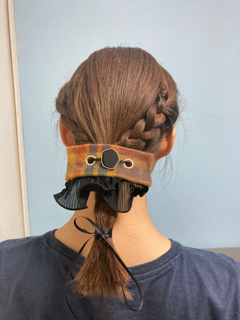 Brown checkered leather 2way headband hair rope two-piece set - Hair Accessories - Other Man-Made Fibers Brown