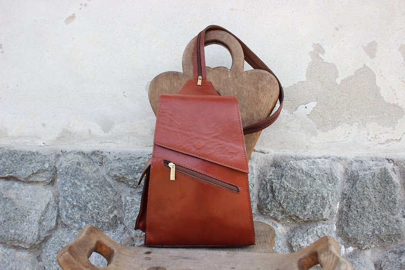 B133[Vintage皮包]ETTANGI咖啡色皮革後背包(可單雙肩背設計) - 背囊/背包 - 真皮 咖啡色