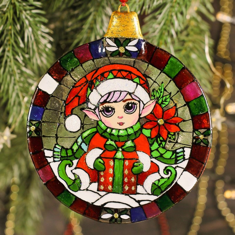 Christmas Elf Fused Glass Ornament - Unique Handmade Gift, Wall or Window Decor - 擺飾/家飾品 - 玻璃 紅色