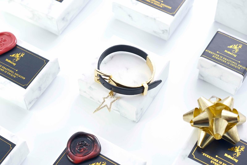 Limited Edition - Irregular Star Zircon Pendant Semi-Metal Half Leather Bracelet - Bracelets - Genuine Leather Black
