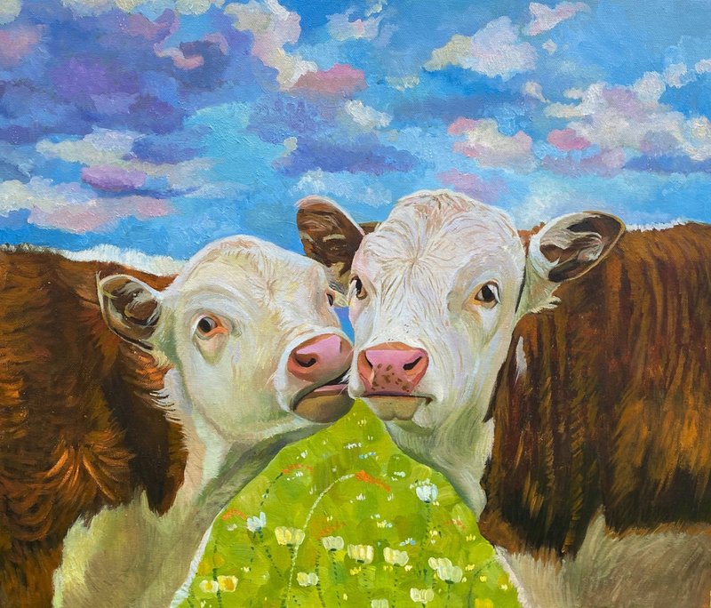 Cow original painting Animal artwork  oil painting hand-painted - Wall Décor - Cotton & Hemp Multicolor