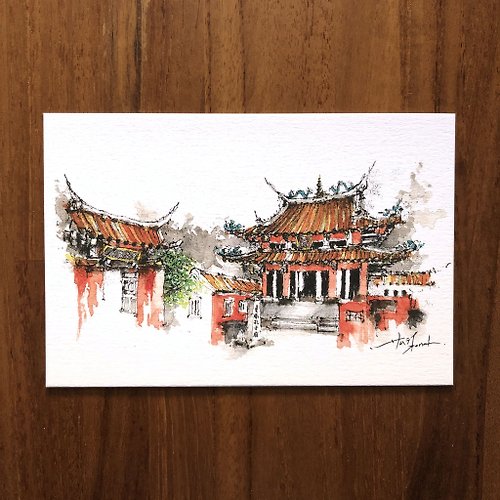 武士龐德 枯枝筆速寫 台南景點 孔廟 水彩 插畫 手繪明信片