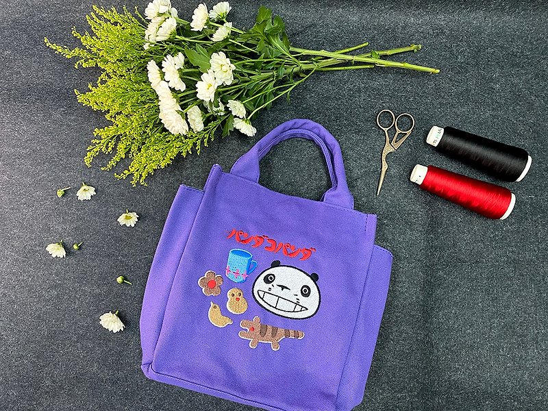 【Panda Family】 x AT studio design electric embroidered lunch bag | panda gourmet - Handbags & Totes - Other Materials 
