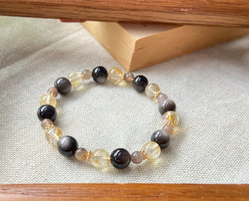 銀曜石/黃塔晶/骨幹水晶 天然礦石手鍊 - 手鍊/手環 - 水晶 黑色