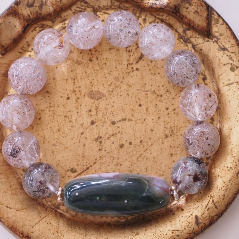 大顆海洋碧玉 雪霜髮水晶約13mm 純銀手環 Ocean Jasper - 手鍊/手環 - 水晶 綠色