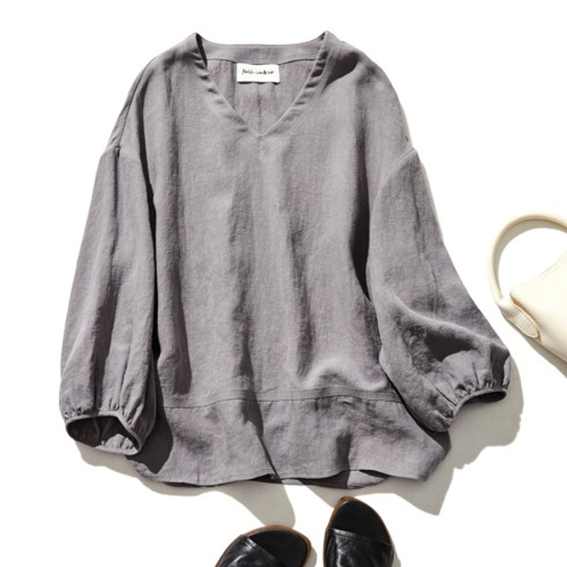 A beautiful silhouette design pullover top made of 100% Linen, 9/10 sleeves, reddish gray purple, 230403-2 - เสื้อผู้หญิง - ผ้าฝ้าย/ผ้าลินิน 