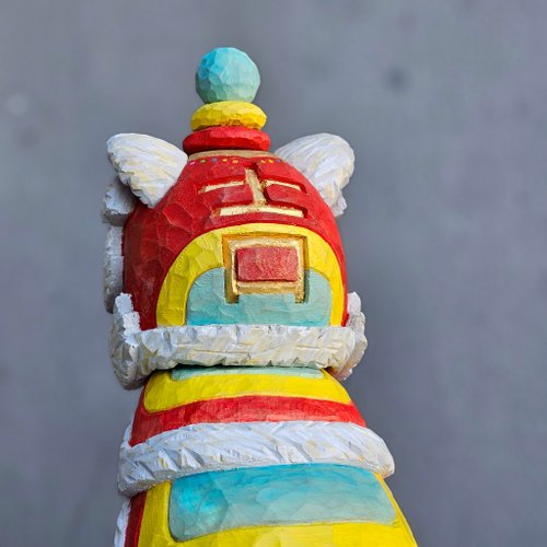 獅子　手彫り　お祭り　獅子舞　木彫り　獅子舞　ミニ　インテリア 万頭獅子舞（木彫り） - ショップ carvingforyou 人形