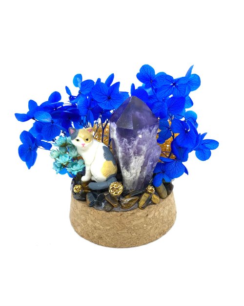 奧秘空間 Esoteric Space 藍色花園-貓咪與紫水晶-手工玻璃罩公仔/水晶/乾燥花擺設