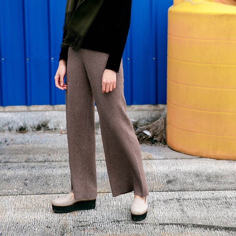 [Brown / black] thin slack loose knit long leg pants rabbit wool wide-brimmed vertical stripes fall and winter section of wool trousers | vitatha fanta original design independent women's brand - Women's Pants - Wool Brown