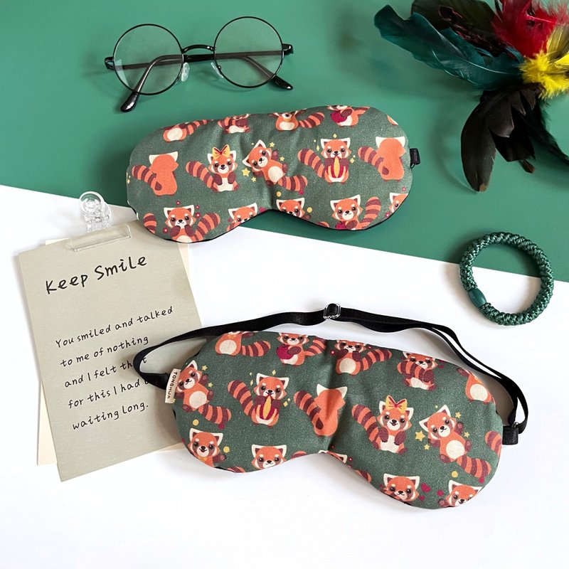 Handmade organic cotton eye mask green bottom gift civet cat pure cotton light-blocking sleep aid cute gift birthday gift - ผ้าปิดตา - ผ้าฝ้าย/ผ้าลินิน สีเขียว