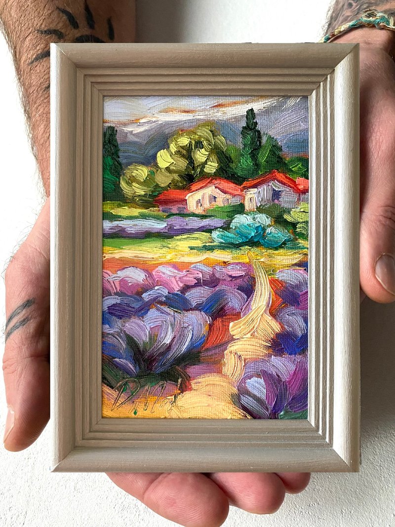 薰衣草田繪畫托斯卡納原創藝術風景油畫厚塗小幅藝術品 4x6 托斯 - 壁貼/牆壁裝飾 - 木頭 