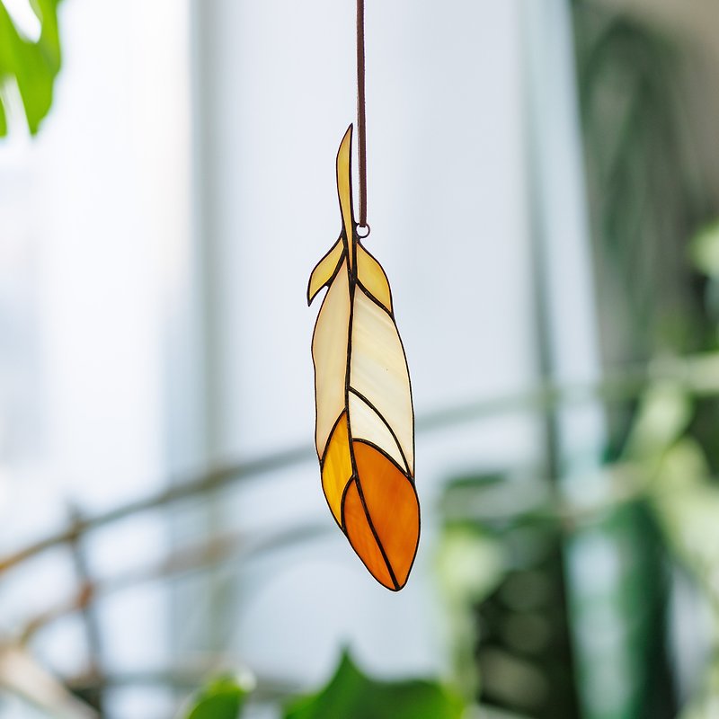 Stained Glass Suncatcher Mockingbird Feather Window Hanging - A Gift of Nature's - Items for Display - Glass Yellow