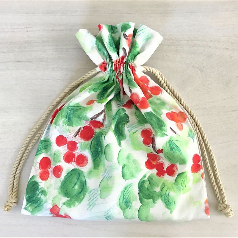 Wonder Flower Drawstring Pouch Floral Pattern Orange Berry - กระเป๋าเครื่องสำอาง - ผ้าฝ้าย/ผ้าลินิน สีส้ม
