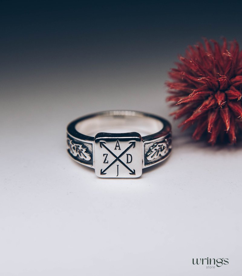 Monogram Silver Square Signet Ring Men with Initials and Side Oak Leaves - General Rings - Sterling Silver Silver