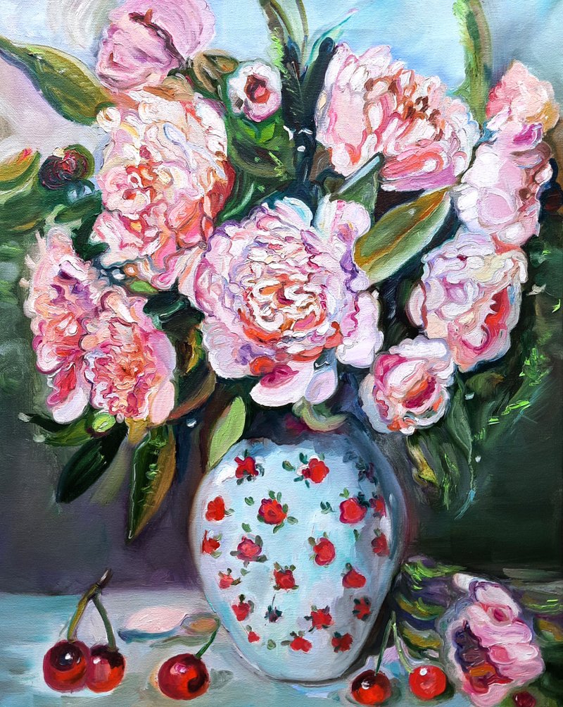 Peonies in a Vase  Painting  Original Art  Oil Painting   Oil On Canvas - 壁貼/牆壁裝飾 - 其他材質 粉紅色