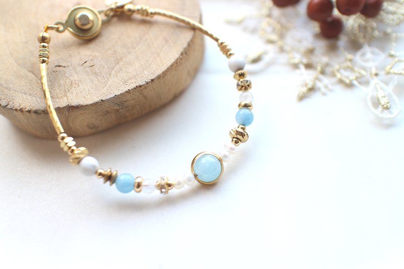 Blue love-Aquamarine pearl brass bracelet - Bracelets - Gemstone 