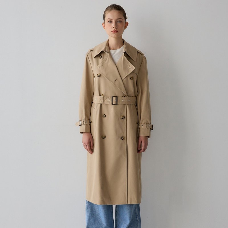 Korea sisterhood, Double Belt Long Trench Coat - Beige - 女西裝外套 - 棉．麻 卡其色