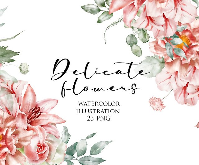 水彩花イラストセット 結婚式の招待状のピンクの花 Png ショップ Watercolorkiss 似顔絵 イラスト 挿絵 Pinkoi