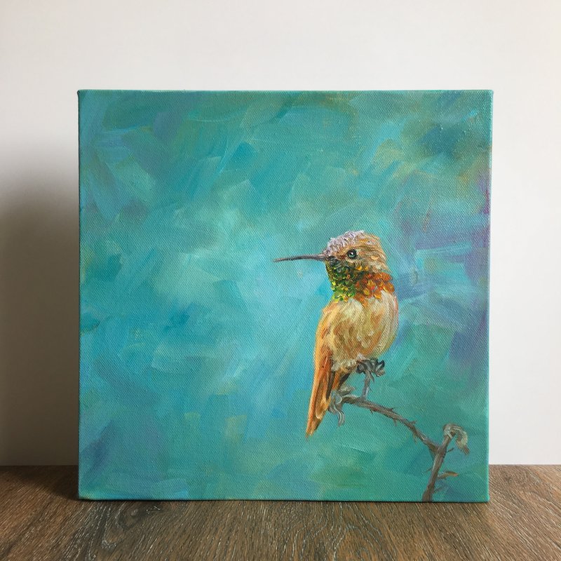 Hummingbird oil painting, hand drawn 30cm canvas oil painting, animal oil painti - โปสเตอร์ - ผ้าฝ้าย/ผ้าลินิน สีเขียว