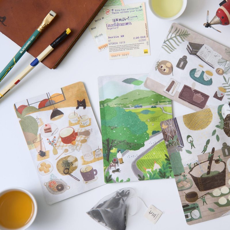 Qisan Tea Hall Tea Cultural Creation丨Tea Bag Postcards - Tea Drinking Scenery Style (Five Styles) - การ์ด/โปสการ์ด - กระดาษ หลากหลายสี