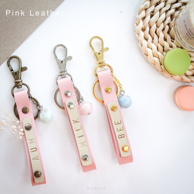 Pink Leather Key Ring hand made with Lucky Stone - 吊飾/掛飾 - 人造皮革 粉紅色