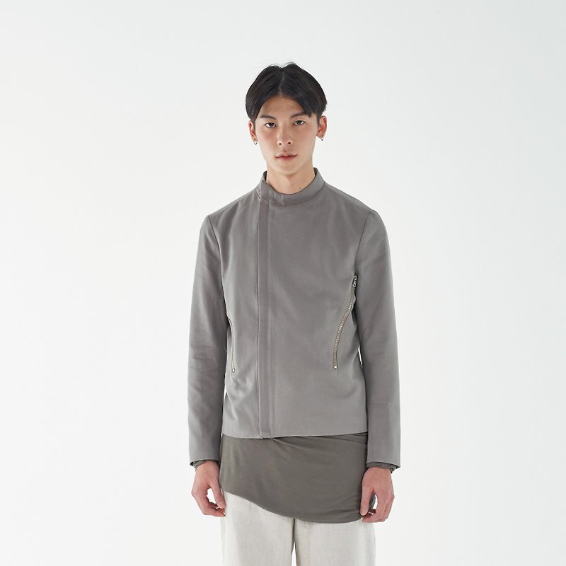 TRAN - Diagonal zip mid-rise jacket - เสื้อโค้ทผู้ชาย - ผ้าฝ้าย/ผ้าลินิน สีกากี