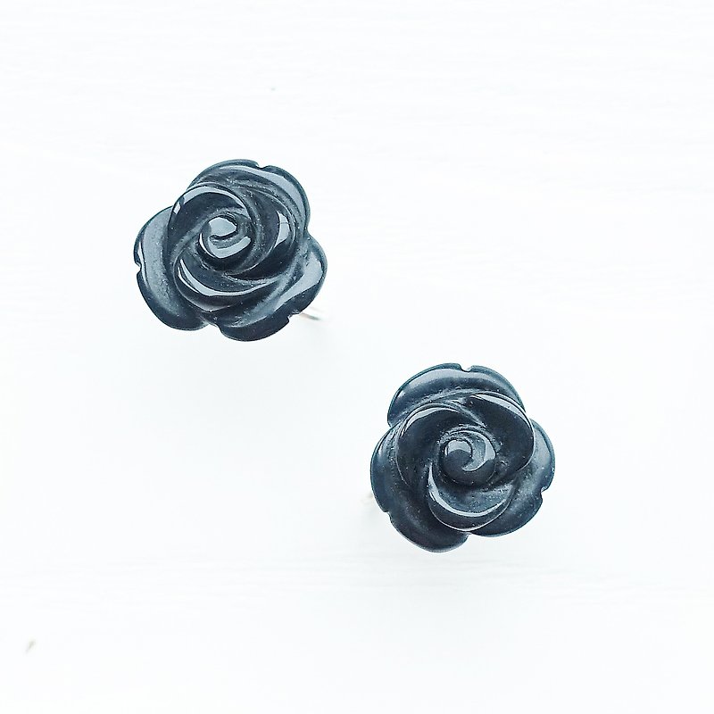 ROSE玫瑰 - 限量 黑曜石 手工雕刻 天然石 純銀 耳環 - 耳環/耳夾 - 其他材質 黑色