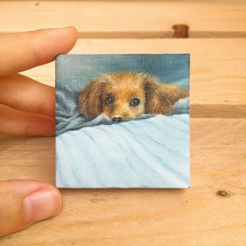 キャンバスにミニチュア子犬絵画。オリジナル手描きの小さな犬の肖像画アート。 - ポスター・絵 - コットン・麻 