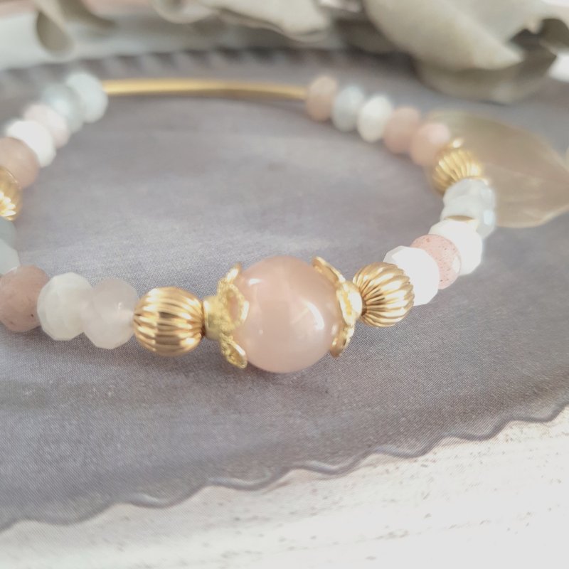 月光精靈/脈輪許願手鍊/櫻花瑪瑙 彩月光石/遠距神諭祝福 - 手鍊/手環 - 玉石 金色