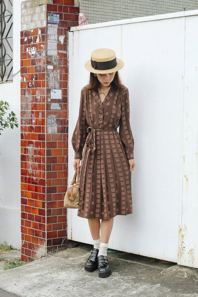 Brown long-sleeved dress with flower view outside the window - One Piece Dresses - Silk Brown