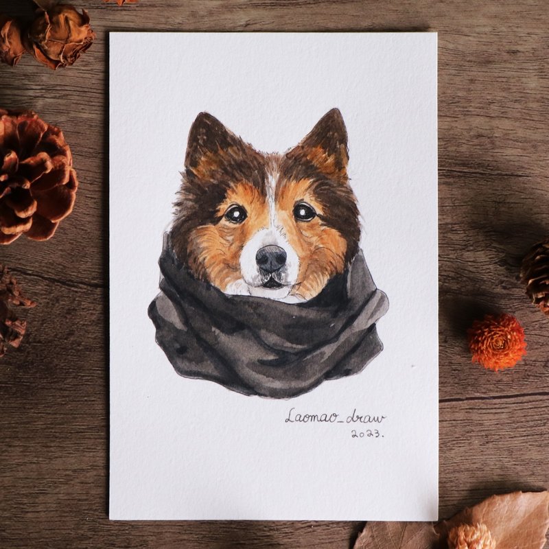 Watercolor illustration original drawing dog head portrait 4X6 6 inches 1005 Shepherd dog wearing scarf - โปสเตอร์ - กระดาษ 