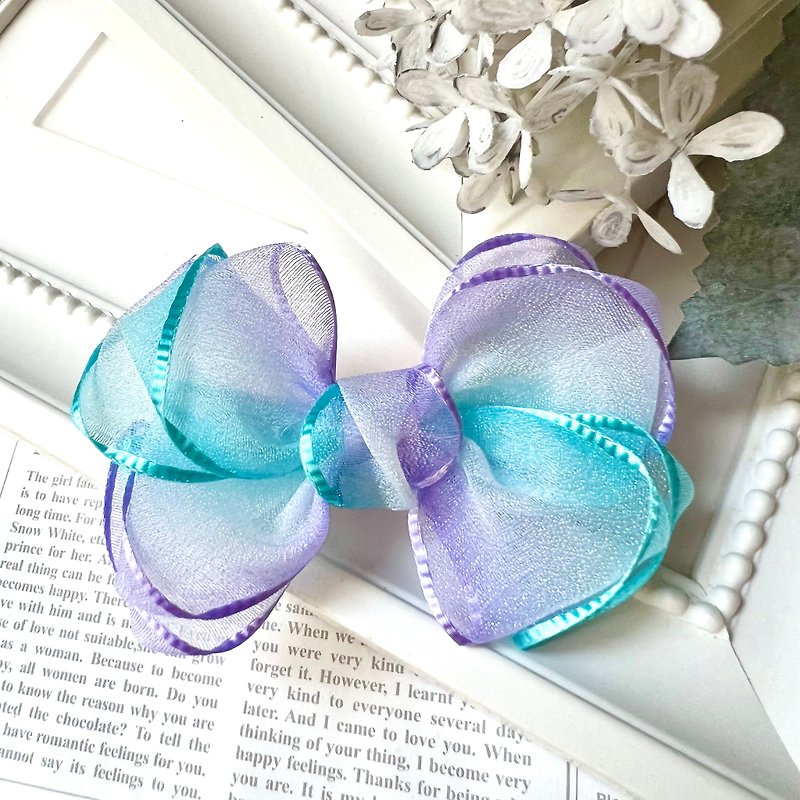 Gradient yarn twist bow bangs clip/purple blue - Hair Accessories - Other Materials Purple
