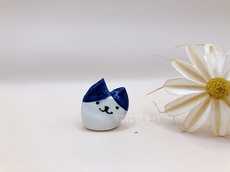 Dark blue cat incense sticks holder, aromatherapy small object, pottery cat multi-purpose pottery, handmade cat fern - ของวางตกแต่ง - ดินเผา สีน้ำเงิน