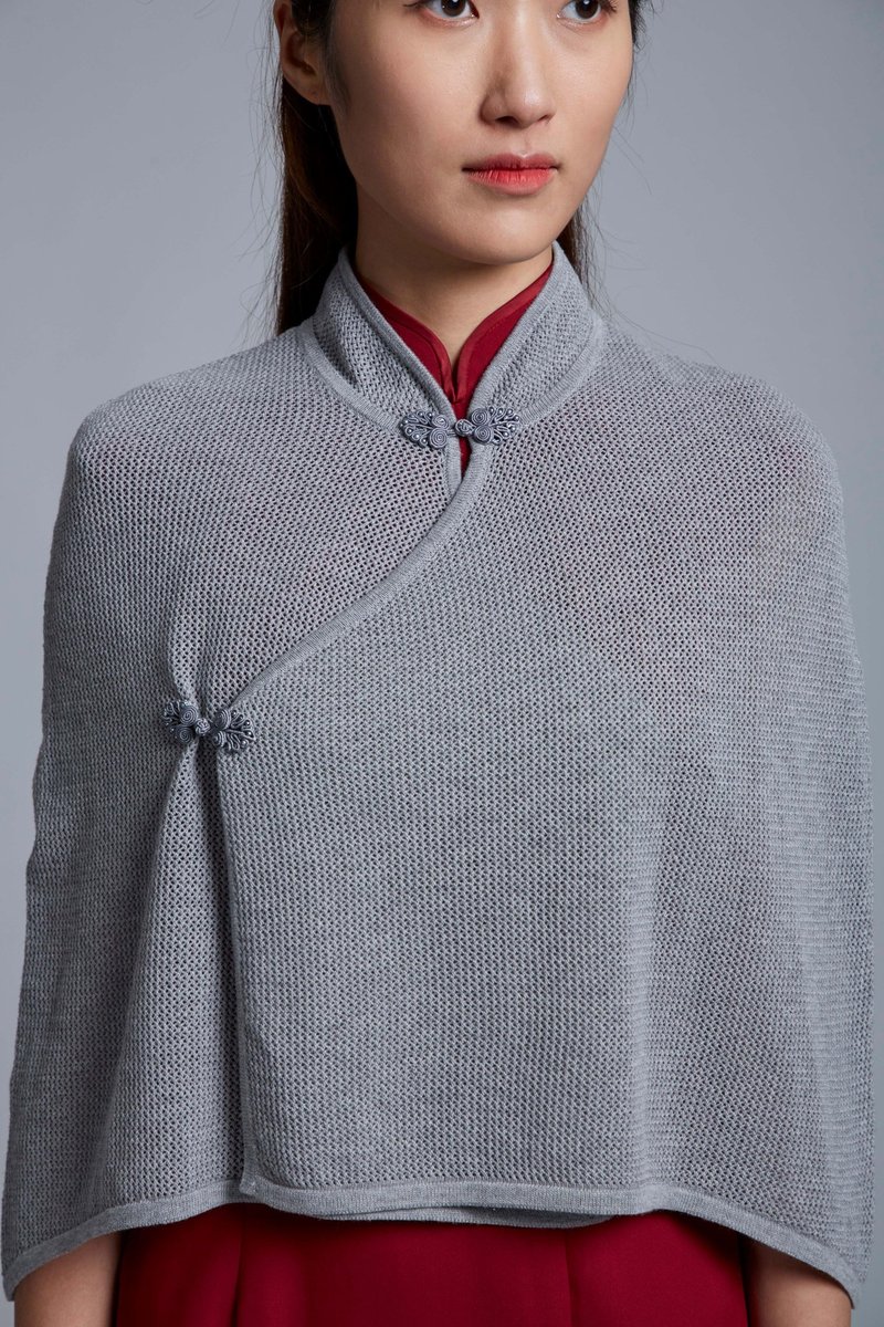 Modern Knitted Qipao Cape | Pankou Buttons (Grey) | Designed in Hong Kong - กี่เพ้า - ผ้าฝ้าย/ผ้าลินิน สีเทา