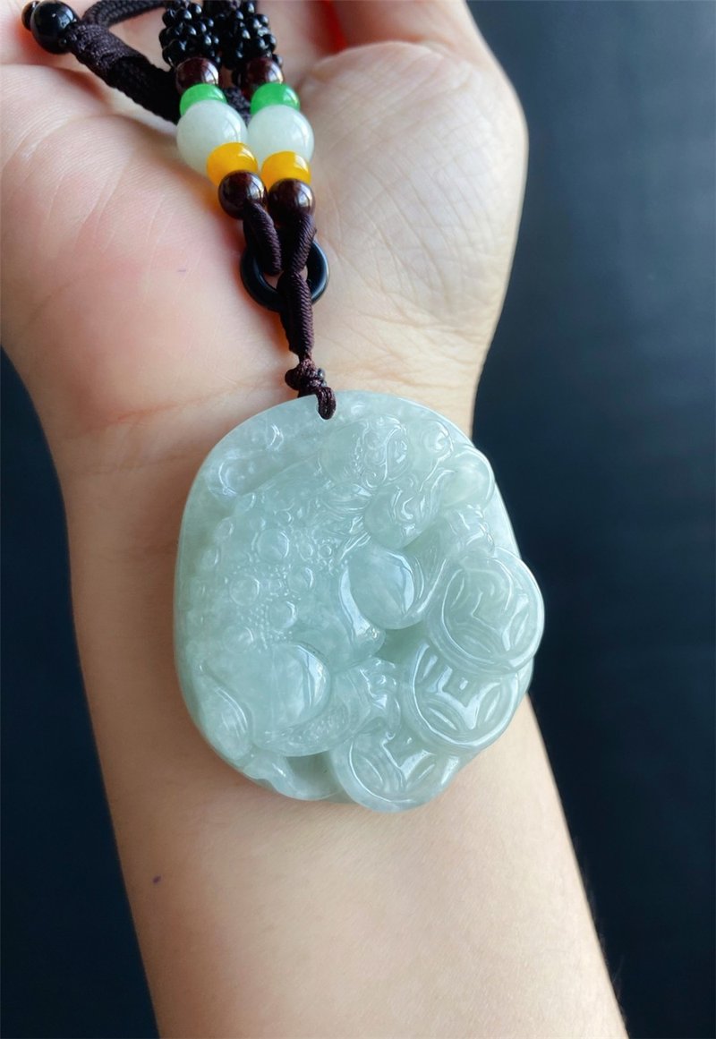 【售出】緬甸玉 翡翠 禮物 天然石 後庄 招財 金蟾 三腳蟾蜍 - 長項鍊 - 玉石 綠色
