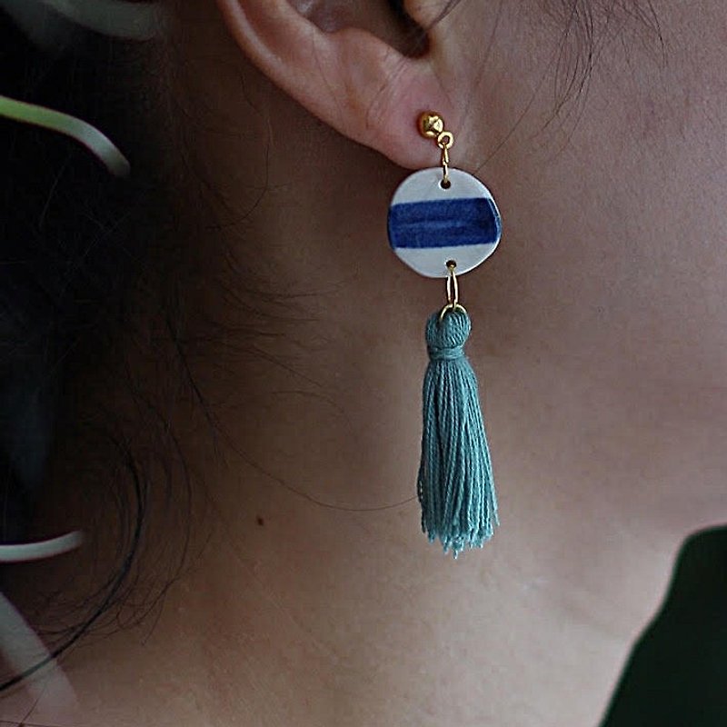 blue-earth tassel earring - Earrings & Clip-ons - Porcelain Blue