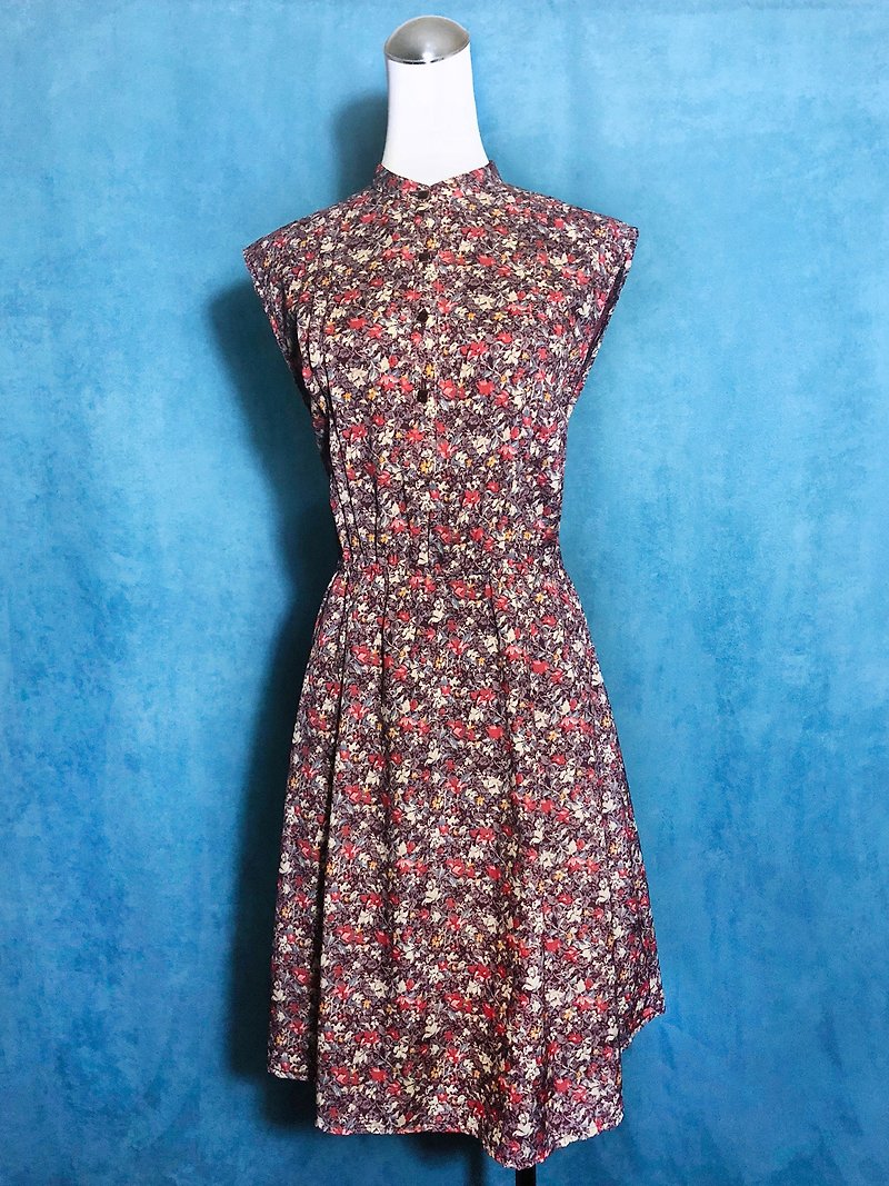 Small stand collar flower sleeveless vintage dress / abroad brought back VINTAGE - ชุดเดรส - เส้นใยสังเคราะห์ สึชมพู