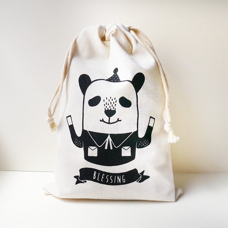 Blessing Panda Drawstring Pouch - Toiletry Bags & Pouches - Cotton & Hemp White