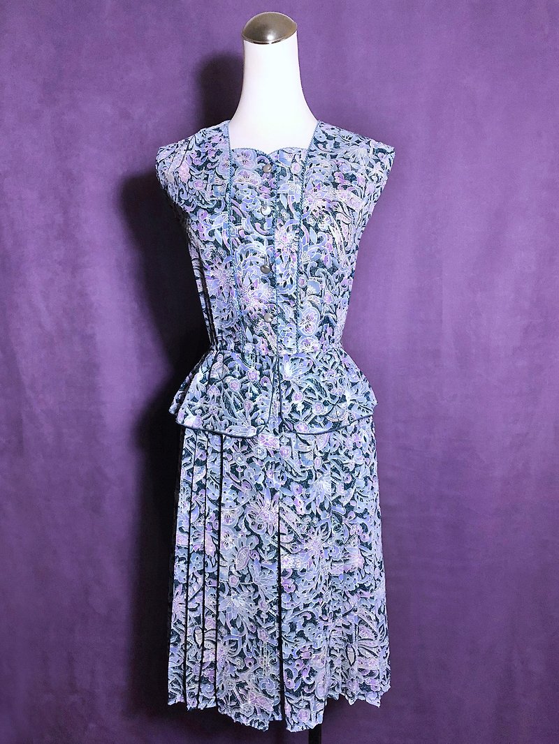 Smudged flower ruffled sleeveless vintage dress / brought back to VINTAGE abroad - ชุดเดรส - เส้นใยสังเคราะห์ สีน้ำเงิน