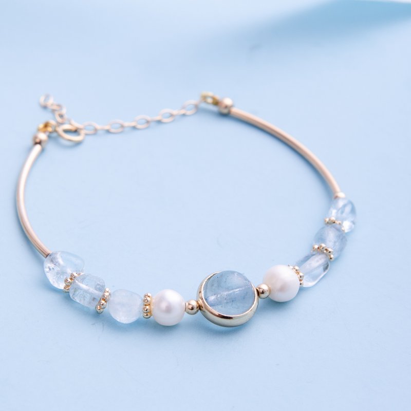 Aquamarine, Pearl,14K Gold Filled Natural Gemstone Crystal Bracelet - Bracelets - Semi-Precious Stones Blue