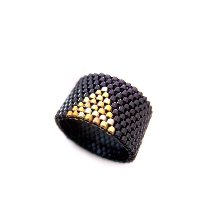 Cleopatra Ring, Geometric Gold Triangle Ring, Black and Gold Ring, Beaded Black Ring, Dreadlock Ring - General Rings - Other Materials Black
