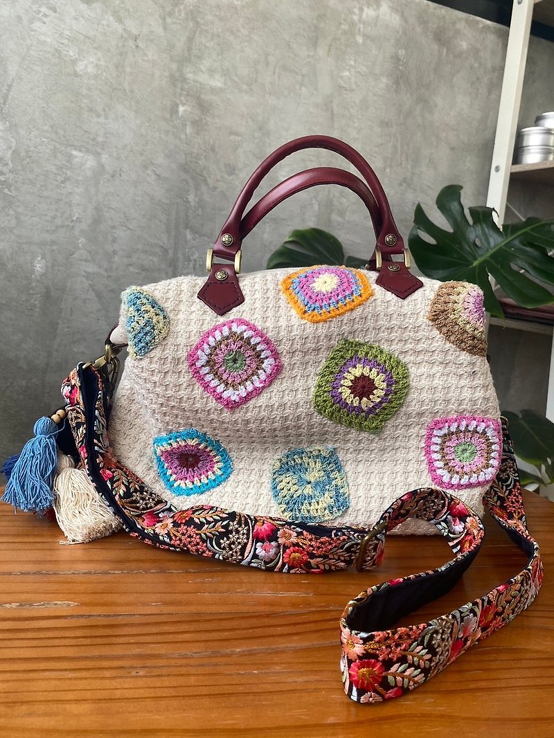Crochet Hand bag with fabulous embroidery strap and heart-key chain - Messenger Bags & Sling Bags - Other Materials White