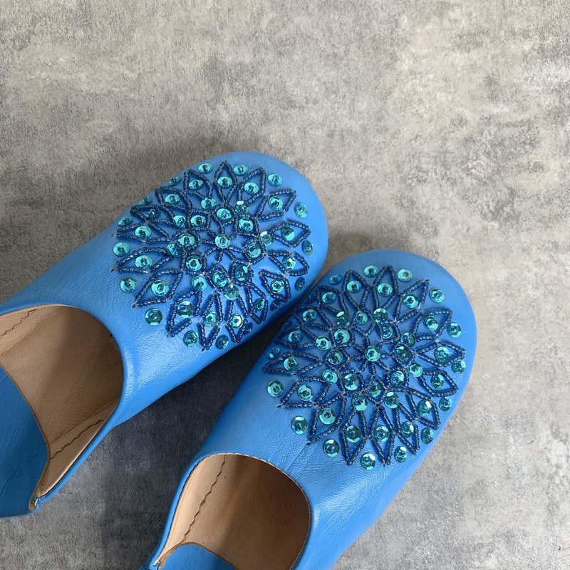 Moroccan babouche indoor slippers bead string embroidery after the rain Xiao An - Indoor Slippers - Genuine Leather Blue